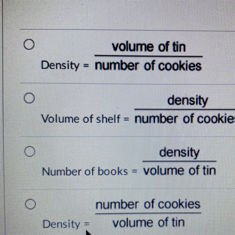 (08.04 LC)Bernice is calculating the density of cookies in a tin. She knows thenumber-example-1