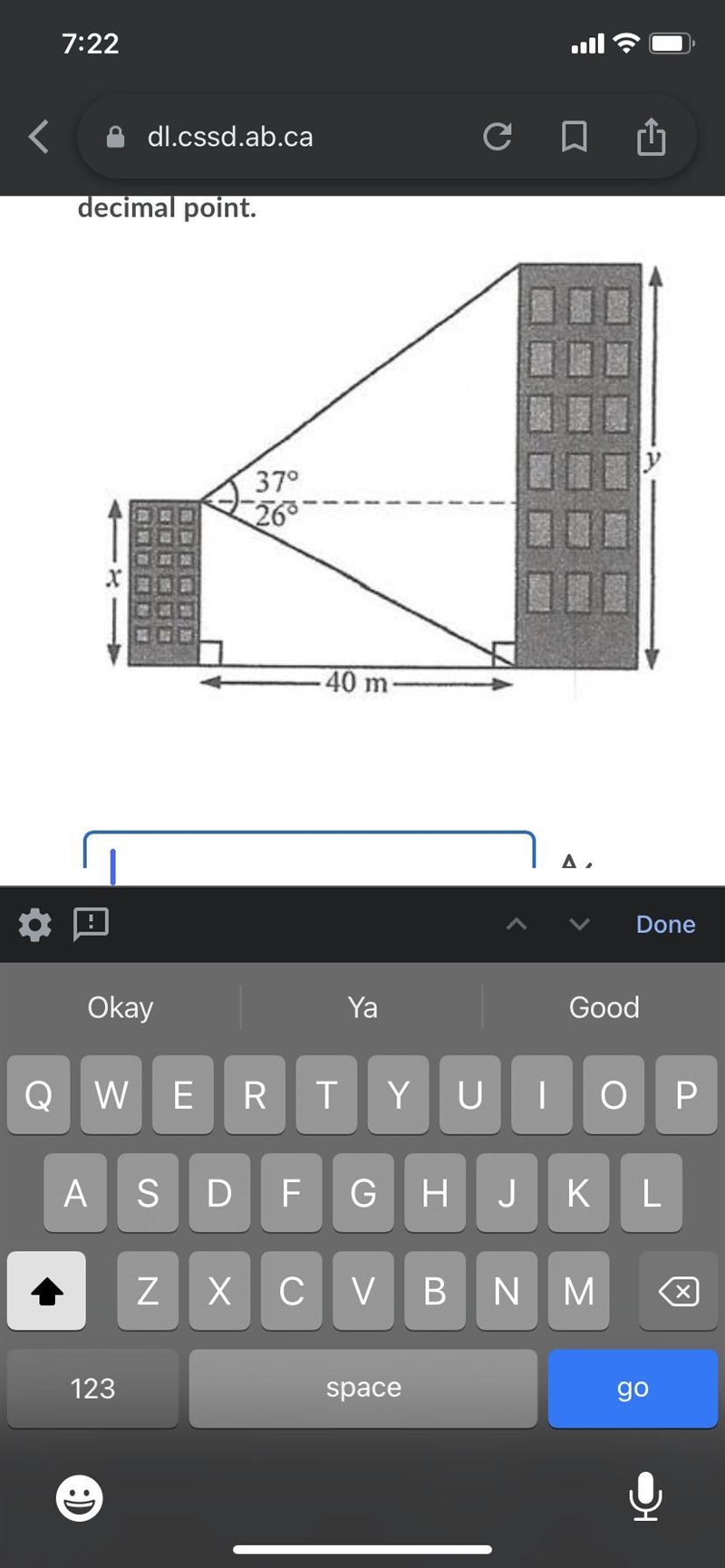 Two buildings are 40 m apart, as shown below. From a point at the top of the shorter-example-1