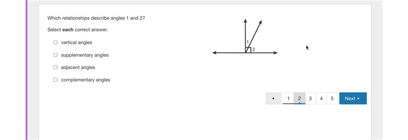 Which relationships describe angles 1 and 2? Select each correct answer. vertical-example-1