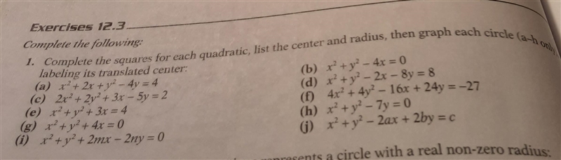 1. Complete the squares for each quadratic, list the center and radius, then graph-example-1