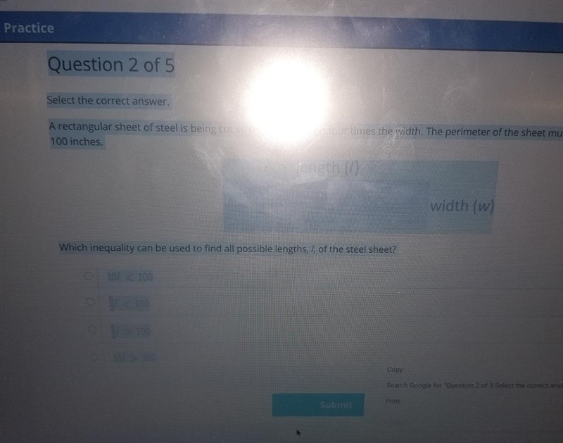 Select the correct answer. A rectangular sheet of steel is being cut so that the length-example-1