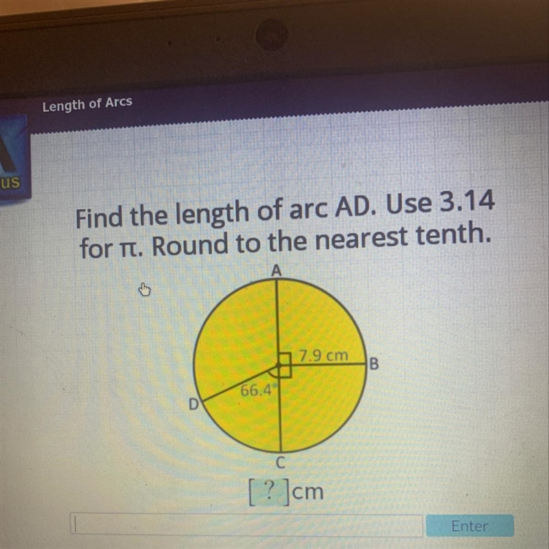 Find the length of arc AD. Use 3.14for r. Round to the nearest tenth.7.9 cmB66.4DС-example-1