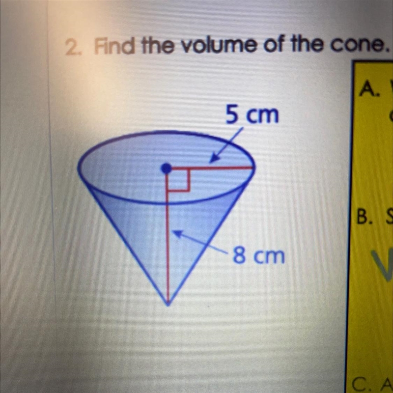 Please help, Find the volume of the cone and leave the answer as pi-example-1