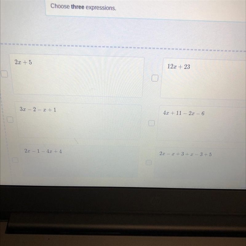 Find equivalent expressions of 3 + 2x - 9 - 4x + 11 +5x - x-example-1