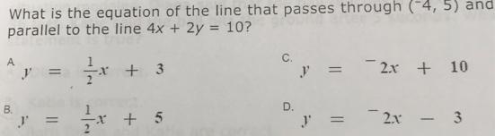 3. What is the equation of the line that passes through (-4, 5) and isparallel to-example-1