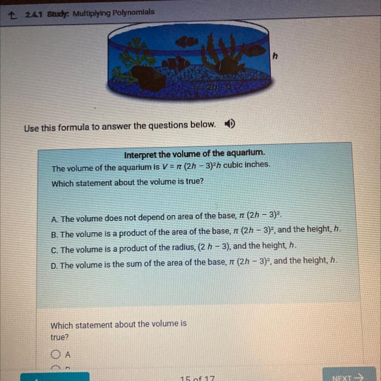 Interpret the volume of the aquarlum. The volume of the aquarium is V = I (2h - 3)=h-example-1