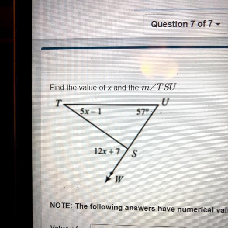 Find the value of x and the m/_TSUvalue of x:m/_TSU =-example-1