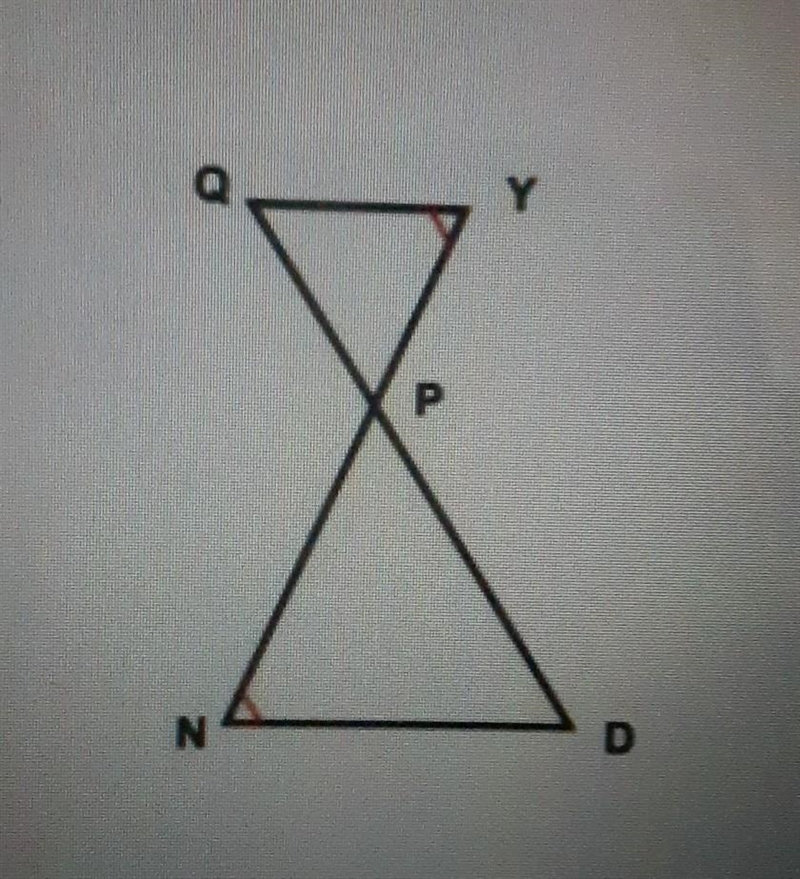 Determine if the triangles, △YPQ and △NPD, are similar. if so, Identify criterion-example-1