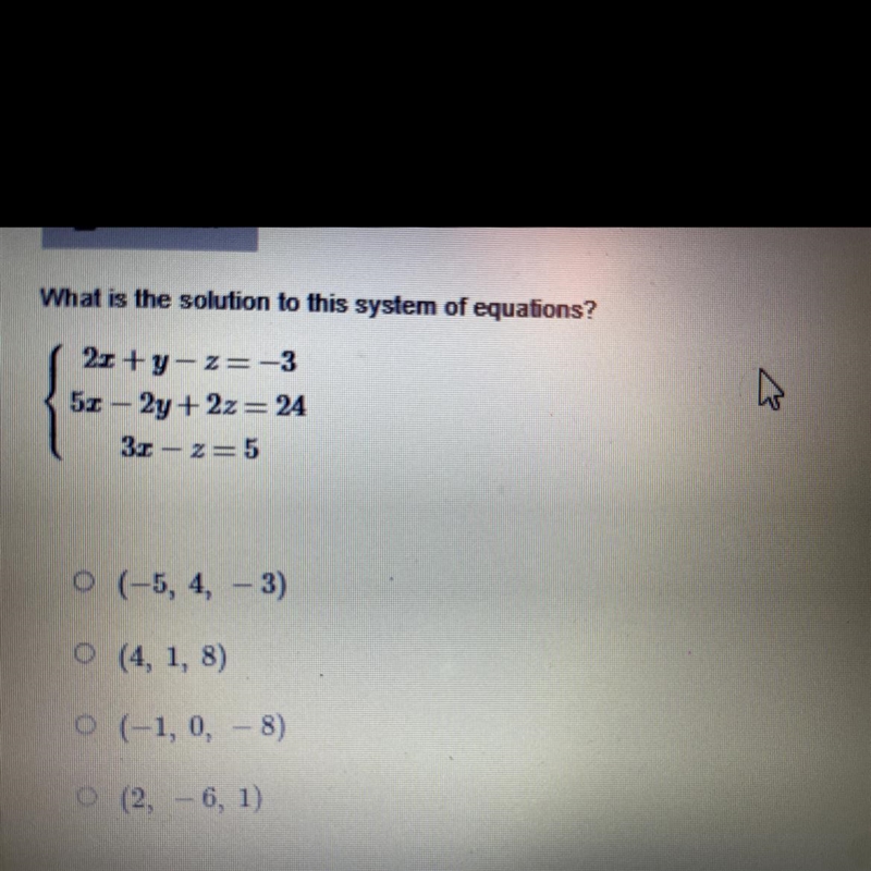 Solve. ³+y+z 3x-2y+22-2 −2x−y+3z − −4 Enter your answer, in the form (z,y,2). 6-example-1