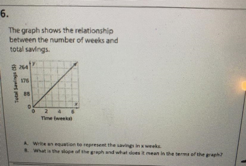 Write a equation to represent the savings in X weeks and what is the slope of the-example-1