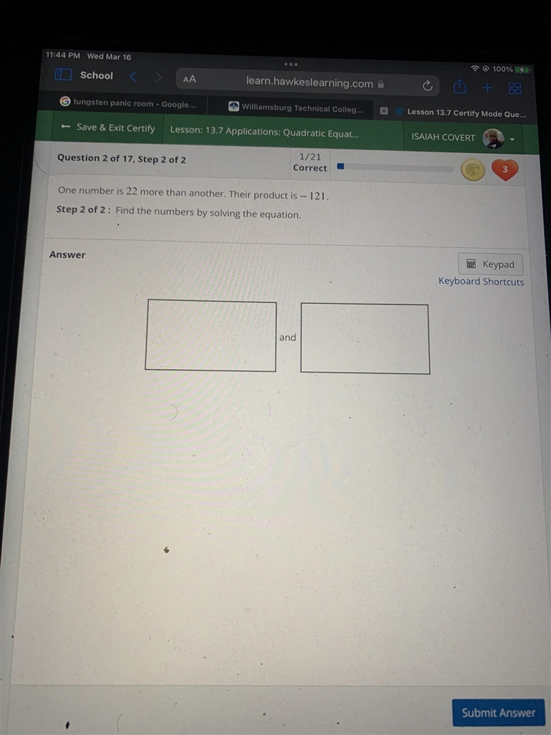 One number is 22 more than another. Their product is – 121.Step 1 of 2: Set up an-example-2