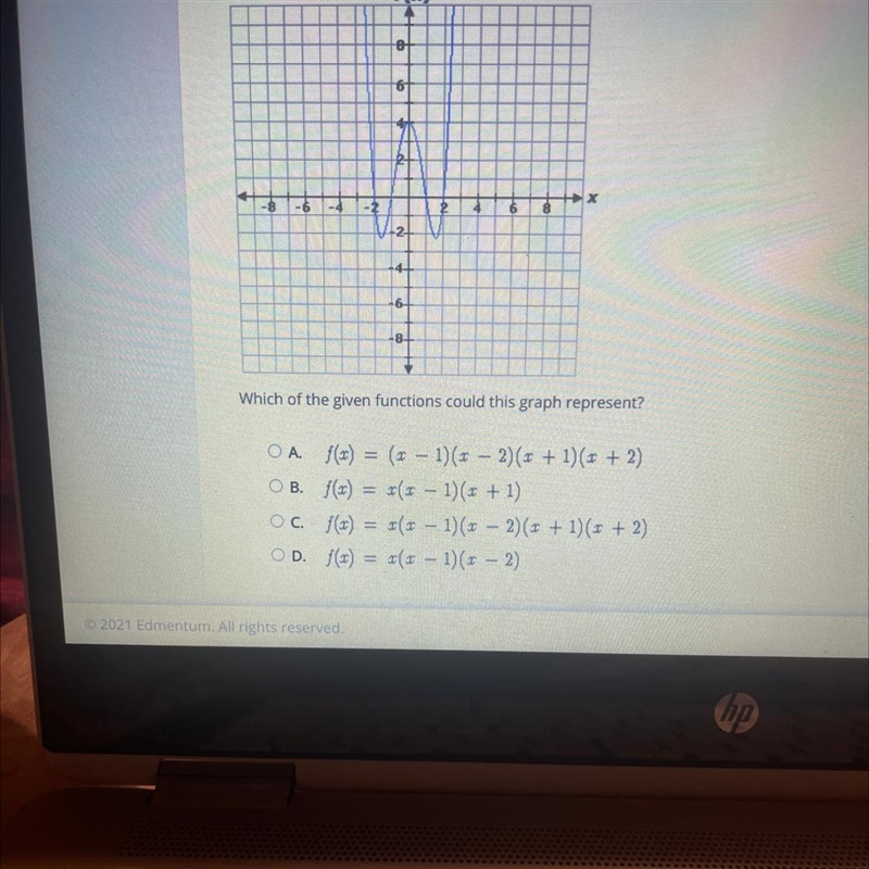 f(x)A6X-868Which of the given functions could this graph represent?OA. f(t) = (x - 1)(x-example-1