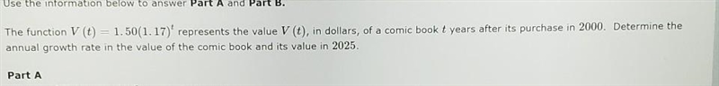 The function V (t) = 1.50(1.17)^t represents the value V (t), in dollars, of a comic-example-1