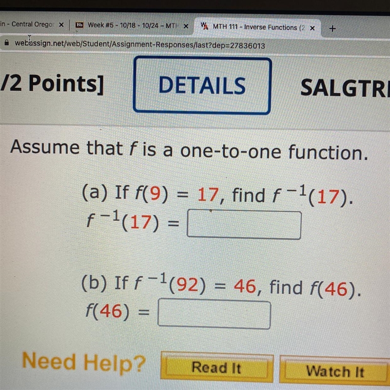 Assume that f is a one-to-one function. (a) If f(9) = 17, find f^-1(17). f^-1(17) = (b-example-1