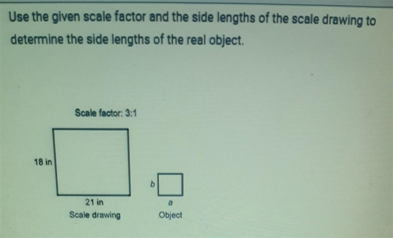 A. Side a is 24 inches longand side bis 21 inches longB. Side a is 63 inches long-example-1