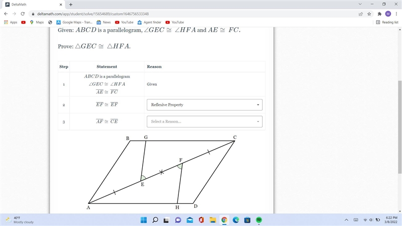 Given: ABCD is a parallelogram GEC ∠GEC≅∠HFA and AE ≅ FC . Prove: △GEC≅△HFA.-example-1