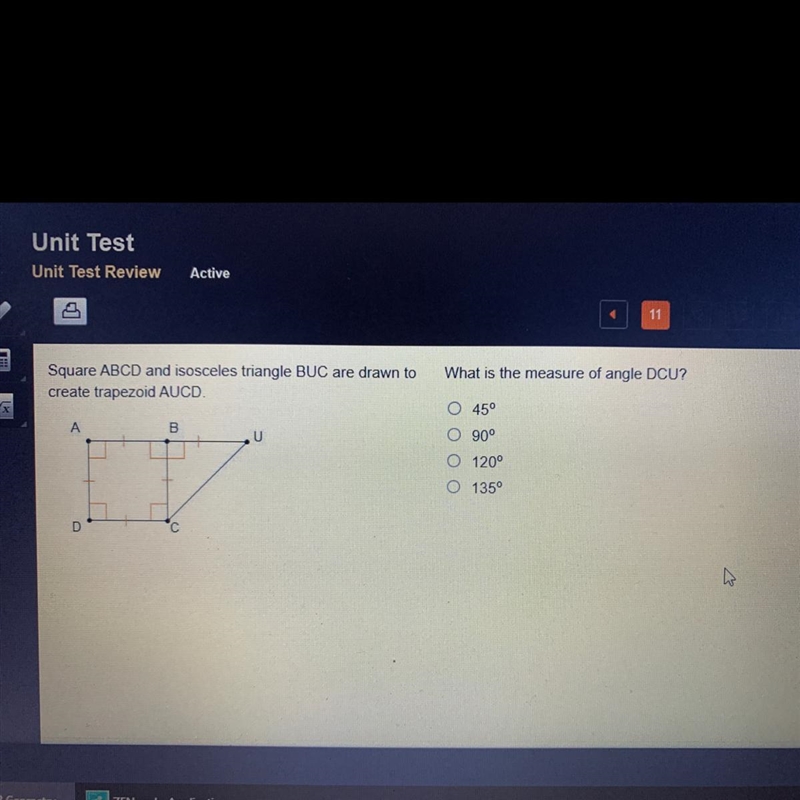 What is the measure of angle DCU?o 45°O 90°O 120°O 135°-example-1