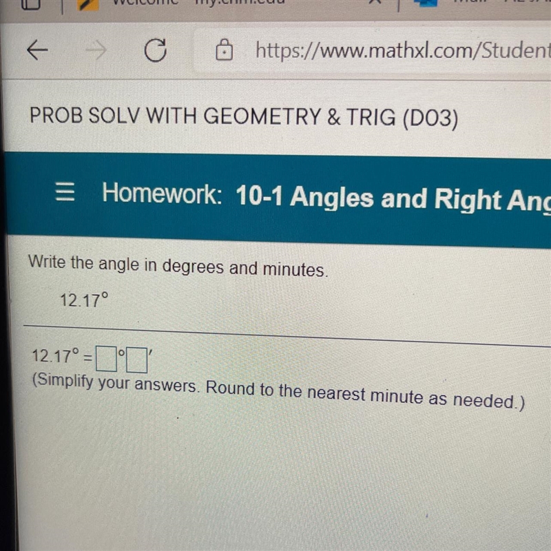 Write the angle in degrees & minutes. (simplify your answers. Round to the nearest-example-1