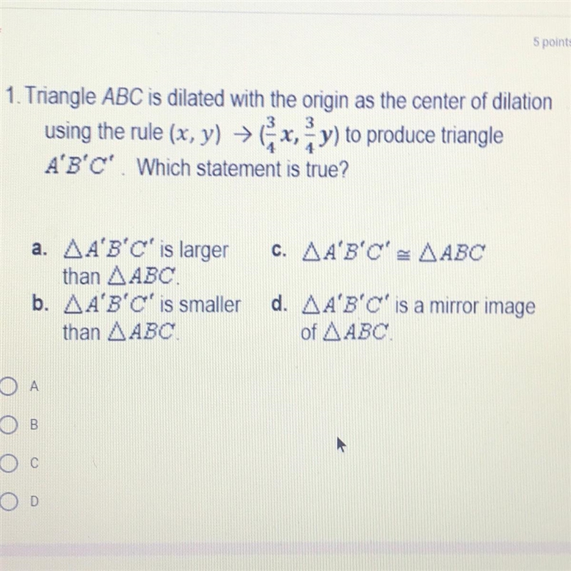 Triangle ABC is dilated with the origin as the center of dilationusing the rule (x-example-1