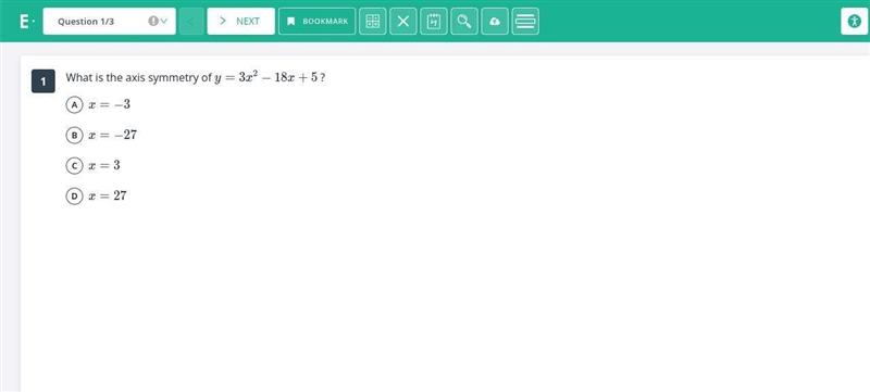 1 What is the axis symmetry of y=3 x²-18 x+5 ? (A) x=-3 (B) x=-27 (c) x=3 (D) x=27-example-1