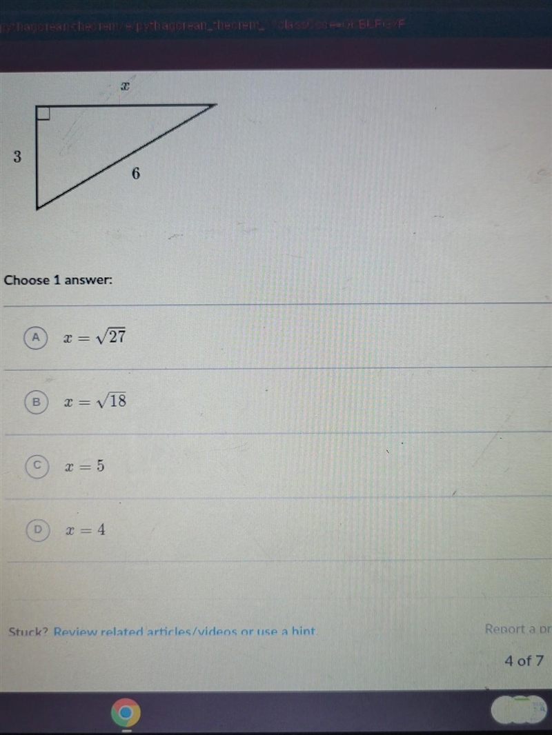 3 Choose 1 answer: A B D x = √√√27 x = √18 x = 5 x = 4 6​-example-1