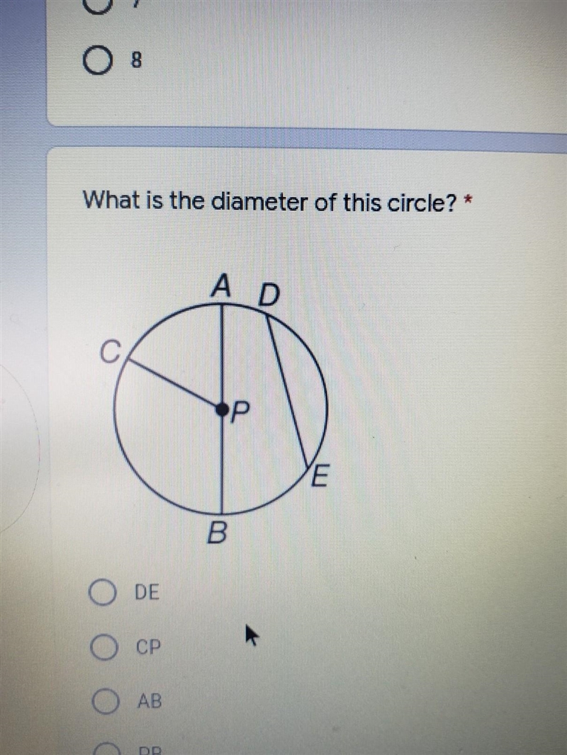 What is the diameter of this circle? AD c C Р E B​-example-1