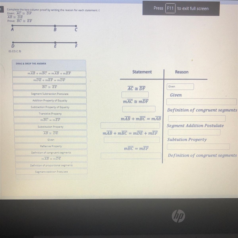 1Complete the two-column proof by writing the reason for each statement,-example-1