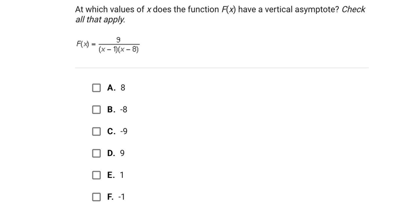 At which values of x does the function F(x) have a vertical asymptote? Check all that-example-1