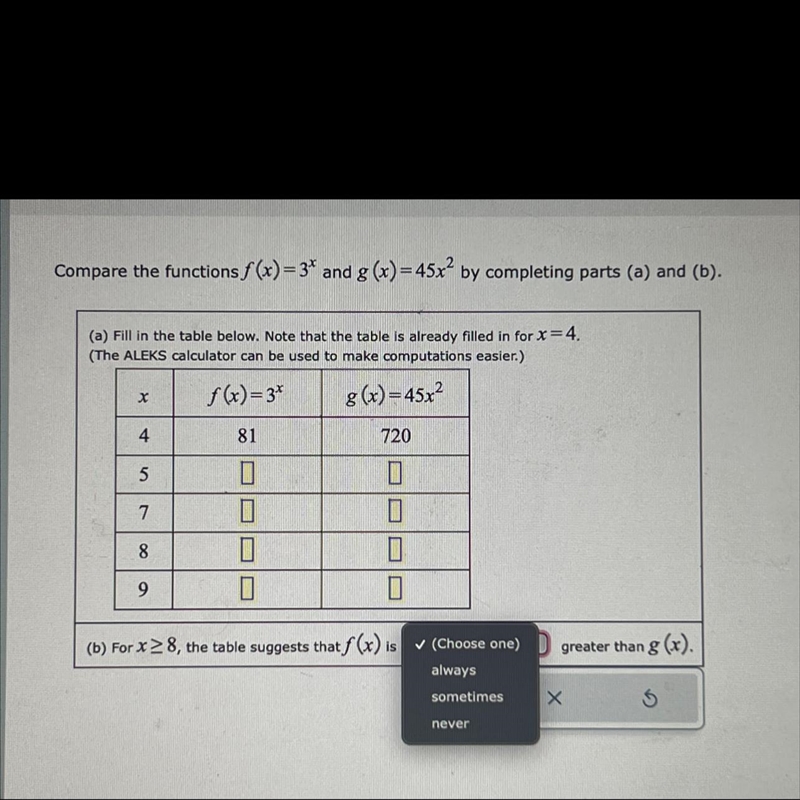 Compare the functions f(x)=3^x and g(x)=45x^2 by completing parts a and B (THIS IS-example-1