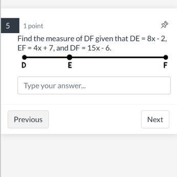 Find the measure of DF given that DE = 8x - 2, EF = 4x + 7, and DF = 15x - 6.-example-1