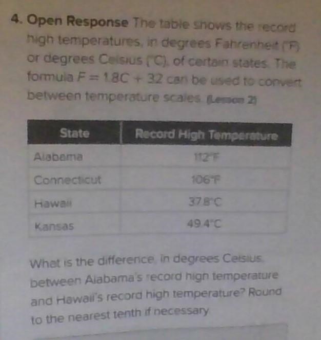 the table shows the record high temperatures, in degrees fahrenheit or degrees celsius-example-1