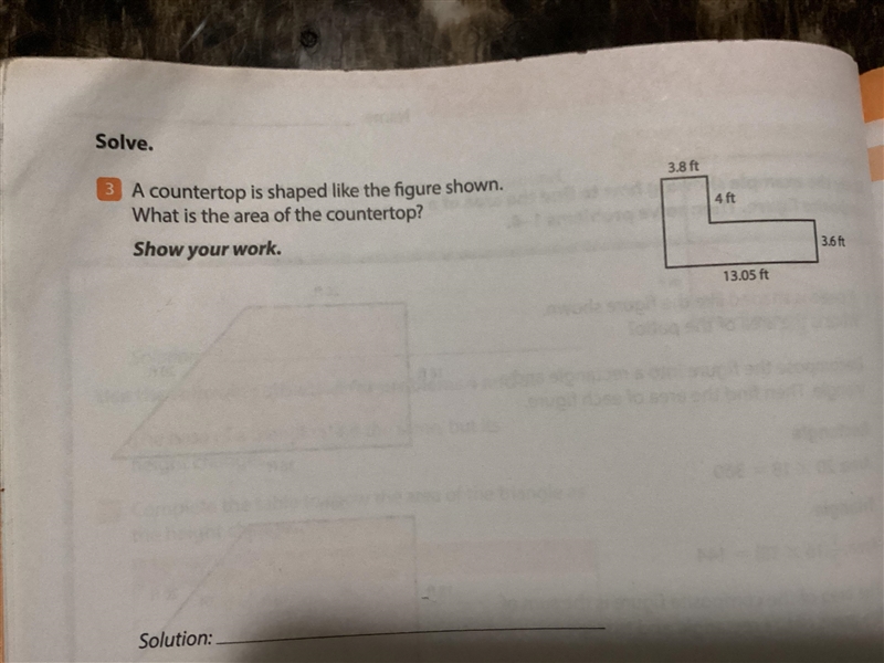 Solve. (3) A countertop is shaped like the figure shown. What is the area of the countertop-example-1