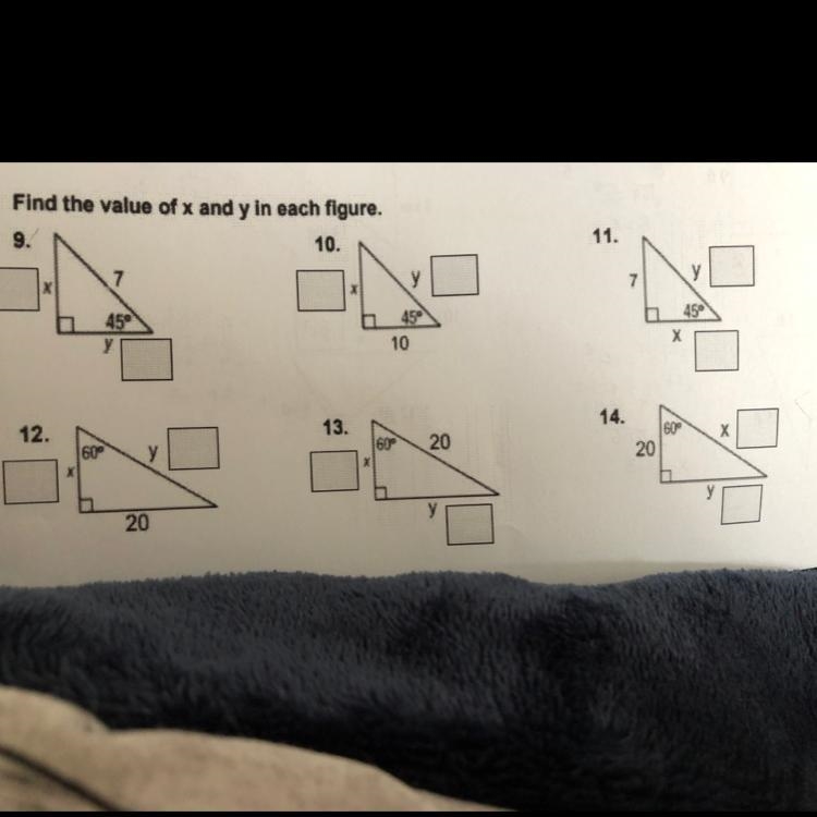 Find the value of x and y in the triangle. 45-45-90. please help!! even if you can-example-1