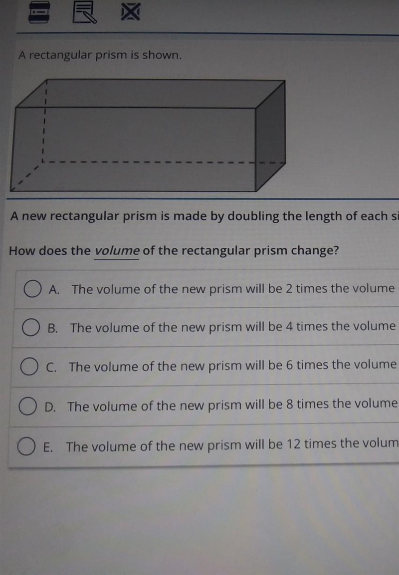 the. top one says"a nwa rectangular prism is made by doubling the length of each-example-1