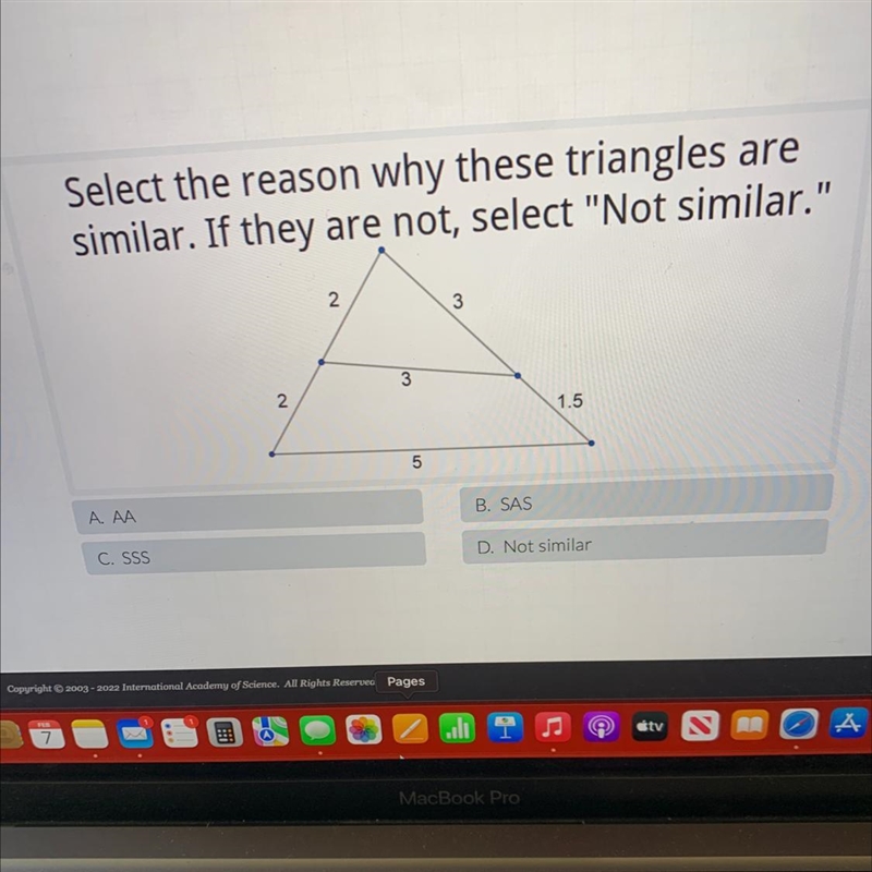 Select the reason why these triangles aresimilar. If they are not, select "Not-example-1