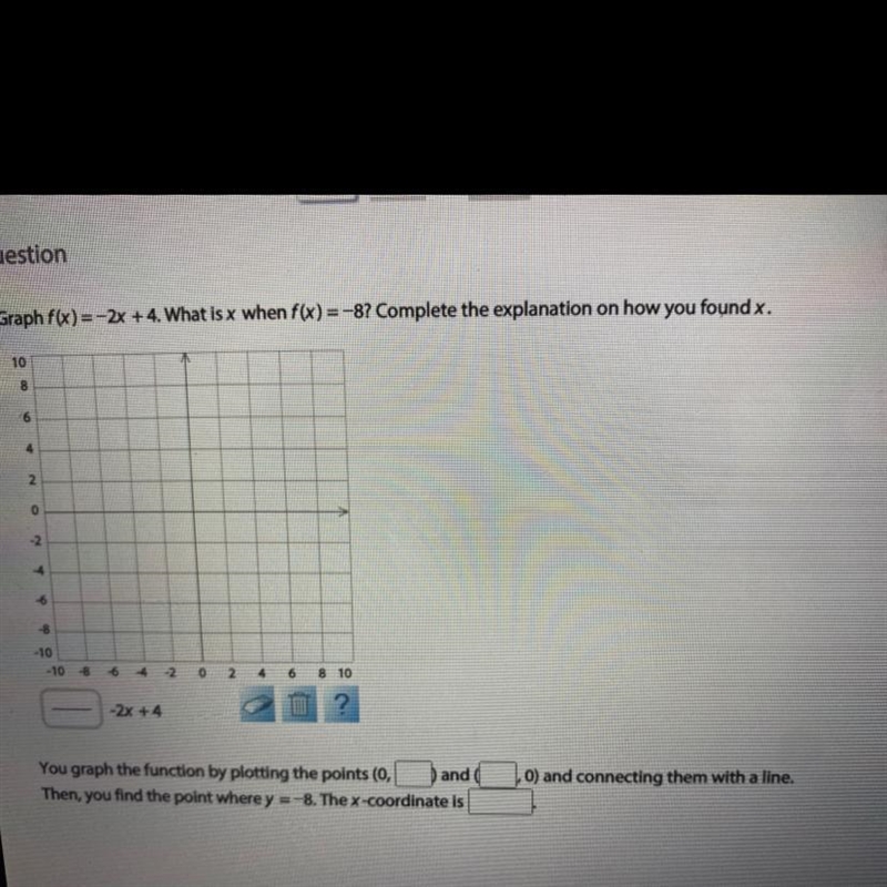 Graph f(x)=-2x + 4. What is x when f(x)=-8? Complete the explanation on how you found-example-1