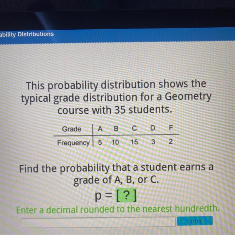 This probability distribution shows thetypical grade distribution for a Geometrycourse-example-1