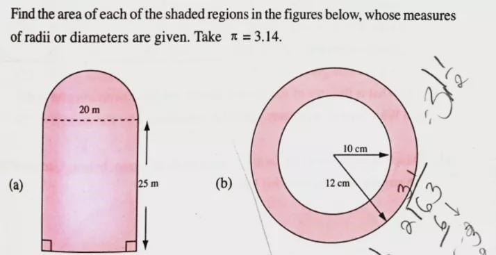 find the area of the shaded regions in the figures below, whose measures of radius-example-1