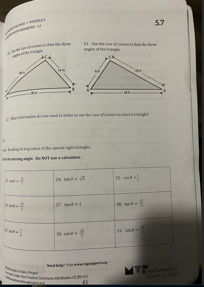 Can you help me finding the three angles of the triangle in number 21?-example-1