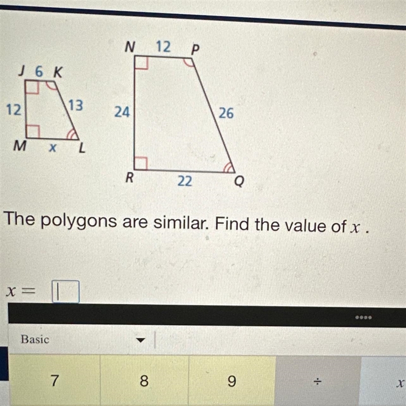 What would be the the length of x as the polygons are similar.-example-1