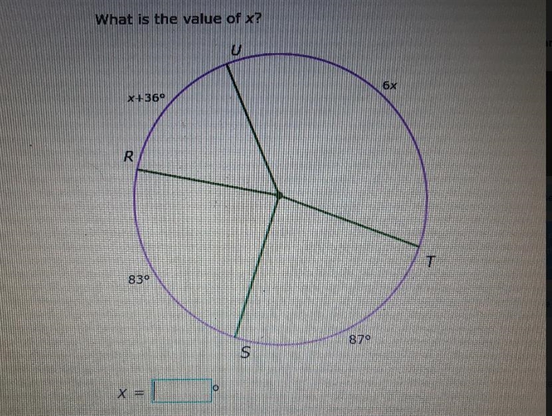 What is the value of x? 0 6x x+36° R T 830 870 S X =-example-1