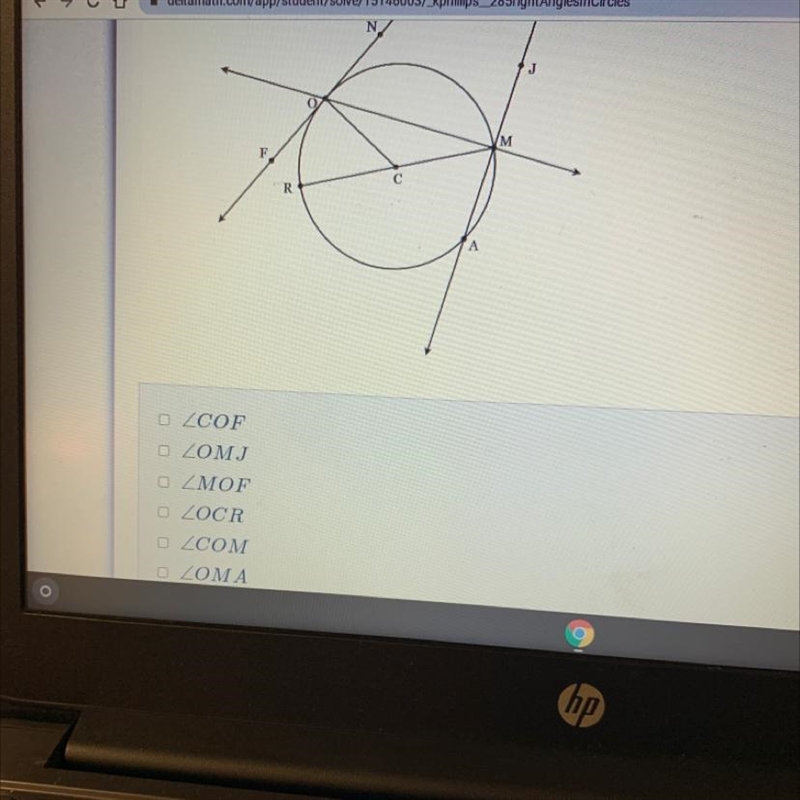 The figure below shows a circle with center C, diameter RM, secants MÒ andMÀ, and-example-1