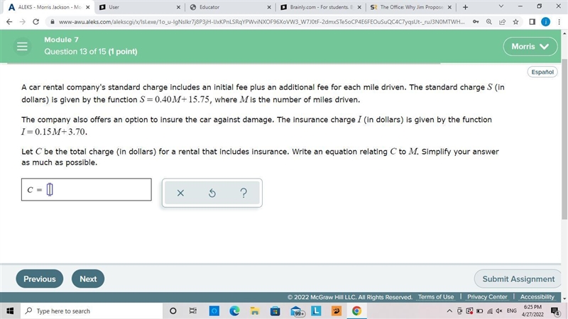 A car rental company's standard charge includes an initial fee plus an additional-example-1