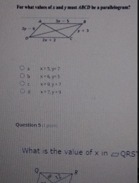 For what values of x and y must ABCD be a parallelogram? + 3 x = 5, y= 7 X = 6, y-example-1