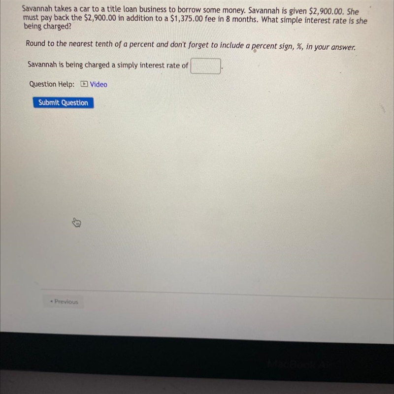 Savannah takes a car to a title loan business to borrow some money. Savannah is given-example-1