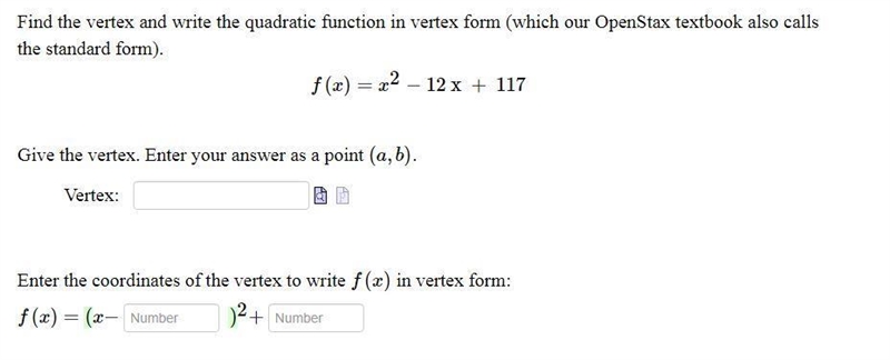 Find the vertex and write the quadratic function in vertex form (which our OpenStax-example-1