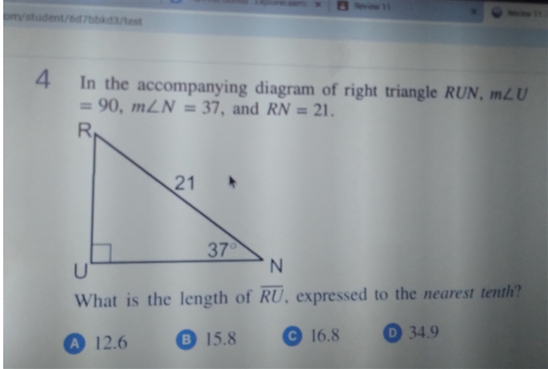 In the accompanying diagram of right triangle RUN, MZU =90, mZN = 37, and RN = 21 R-example-1