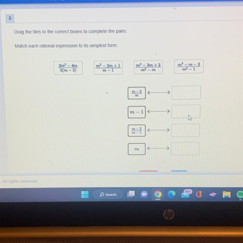 HELP!! Drag the tiles to the correct boxes to complete the pairs. Match each rational-example-1