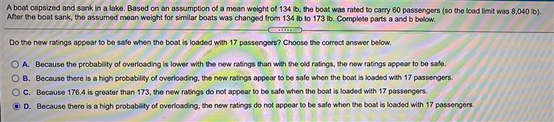 A boat capsized and sank in a lake. Based on an assumption of a mean weight of 134 lb-example-1