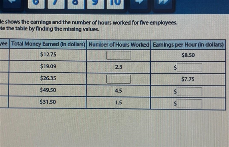 The table shows the earnings and the number of hours worked for five employees. complete-example-1